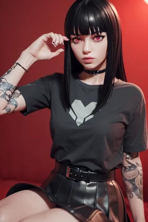 photorealistic, detailed face, detailed eyes, detailed, absurdres, 3d, unreal engine, red background, upper body,
(1girl), charlottefortnite, long hair, black_hair, bangs, blunt_bangs, red eyes, choker, red eyes, skirt, black_skirt, black shirt, belt, kneehighs, tattoo, <lora:charlottefortnite-12:0.75>