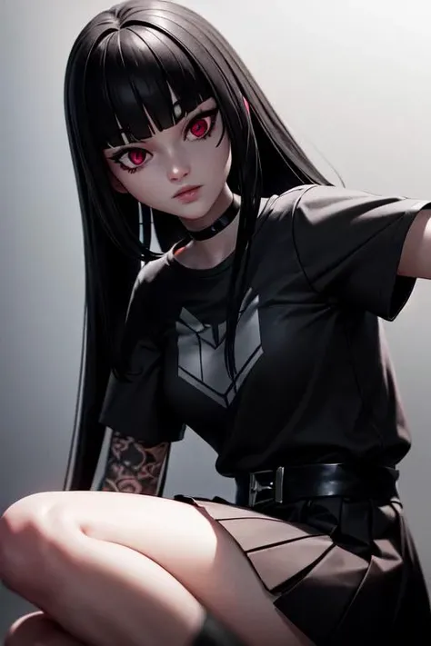 photorealistic, detailed face, detailed eyes, detailed, absurdres, 3d, unreal engine, white background, upper body,
(1girl), charlottefortnite, long hair, black_hair, bangs, blunt_bangs, red eyes, choker, red eyes, skirt, black_skirt, black shirt, belt, kneehighs, tattoo, <lora:charlottefortnite-12:1>