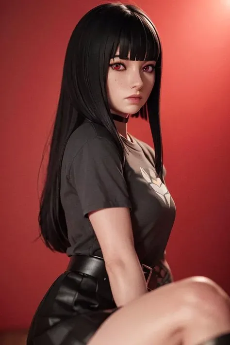 photorealistic, detailed face, detailed eyes, detailed, absurdres, 3d, unreal engine, red background, upper body,
(1girl), charlottefortnite, long hair, black_hair, bangs, blunt_bangs, red eyes, choker, red eyes, skirt, black_skirt, black shirt, belt, kneehighs, tattoo, <lora:charlottefortnite-12:0.75>