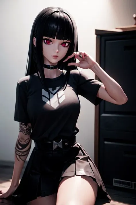photorealistic, detailed face, detailed eyes, detailed, absurdres, 3d, unreal engine, white background, upper body,
(1girl), charlottefortnite, long hair, black_hair, bangs, blunt_bangs, red eyes, choker, red eyes, skirt, black_skirt, black shirt, belt, kneehighs, tattoo, <lora:charlottefortnite-12:1>