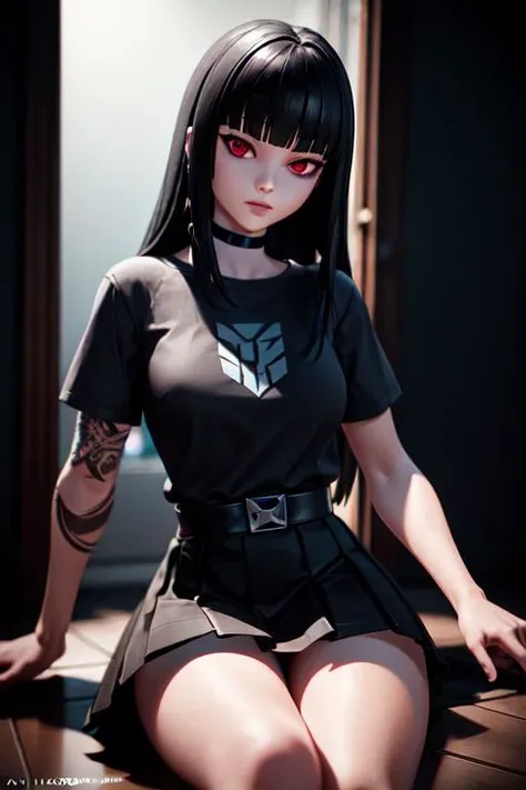 photorealistic, detailed face, detailed eyes, detailed, absurdres, 3d, unreal engine, white background, upper body,
(1girl), charlottefortnite, long hair, black_hair, bangs, blunt_bangs, red eyes, choker, red eyes, skirt, black_skirt, black shirt, belt, kneehighs, tattoo, <lora:charlottefortnite-12:1>