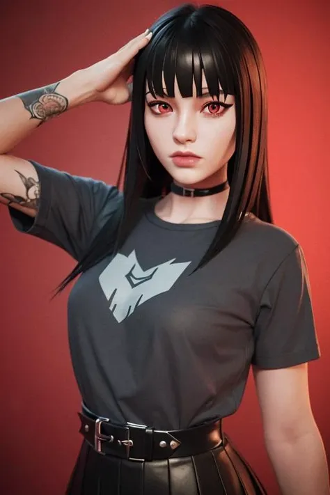 photorealistic, detailed face, detailed eyes, detailed, absurdres, 3d, unreal engine, red background, upper body, dynamic pose,
(1girl), charlottefortnite, long hair, black_hair, bangs, blunt_bangs, red eyes, choker, red eyes, skirt, black_skirt, black shirt, belt, kneehighs, tattoo, <lora:charlottefortnite-12:0.75>