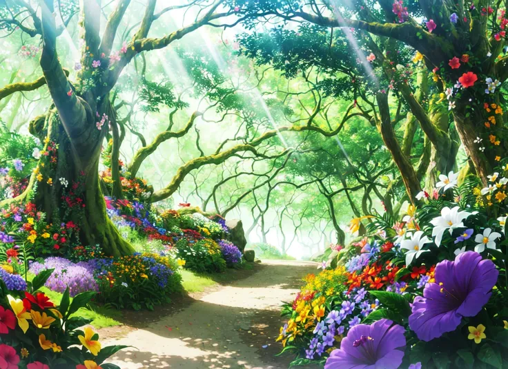 <lora:hellsparadise_style_offset:1> hellsparadise style, masterpiece, best wuality, flower, scenery, nature, tree, outdoors, forest, day, purple flower, orange flower, no humans, yellow flower, red flower, blurry, plant, sunlight, depth of field