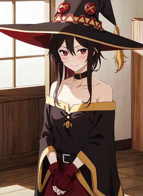 yakiyama line <lora:yakiyama_line_offset:1>, masterpiece, best quality, megumin, 1girl, bare shoulders, black cape, black gloves, black hair, cape, choker, collarbone, dress, hair between eyes, hat, long sleeves, looking at viewer, medium hair, off-shoulder dress, off shoulder, red dress, red eyes, sidelocks, solo, witch hat, indoors,