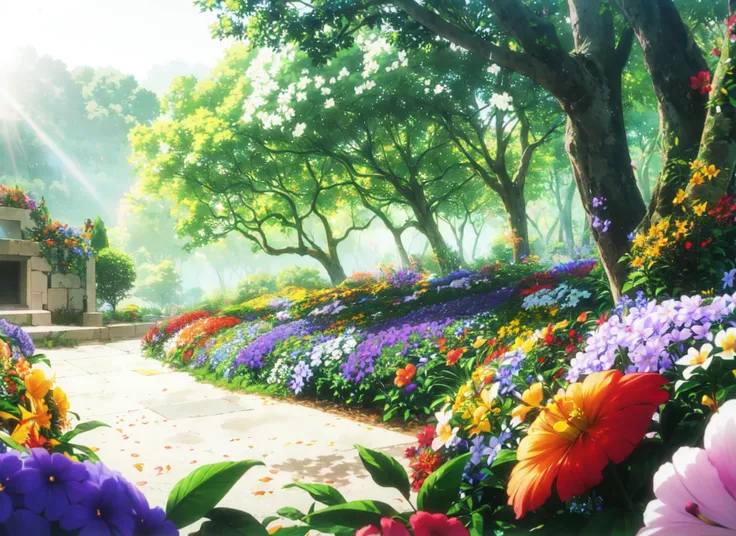 <lora:hellsparadise_style_offset:1> hellsparadise style, masterpiece, best wuality, flower, scenery, nature, tree, outdoors, forest, day, purple flower, orange flower, no humans, yellow flower, red flower, blurry, plant, sunlight, depth of field