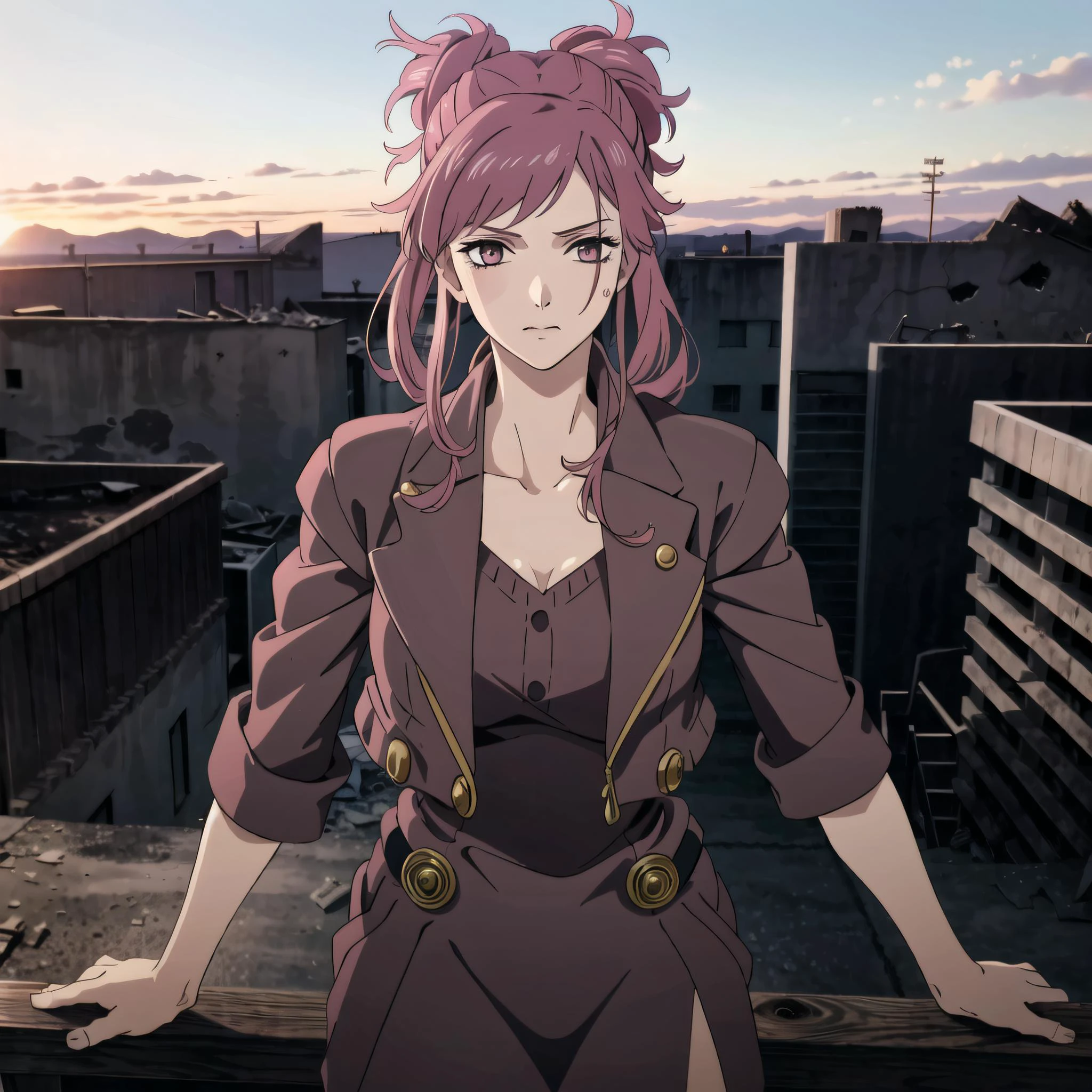 (destroyed city, gorgeous view)
(cowboy shot), sfw, (masterpiece), (best quality:1.0), (ultra highres:1.0), detailed eyes, detailed clothing texture, beautiful face, solo, Argilla, two buns, pink hair, pink eyes
(tribe outfit, grey jacket, grey dress, open slit)
hellsparadise style
<lora:Argilla_DDS:0.5> <lora:hellsparadise_style_offset:1>