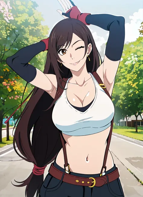 hyouka <lora:hyouka_offset:1>, tifa lockhart, 1girl, thick lips, arm up, armpits, artist name, belt, black hair, breasts, brown eyes, cleavage, closed mouth, collarbone, cowboy shot, crop top, earrings, elbow gloves, elbow pads, gloves, jewelry, large breasts, lips, long hair, low-tied long hair, midriff, navel, one eye closed, outdoors, skirt, smile, solo, stomach, suspenders, tank top, upper body, ((masterpiece)) <lora:tifa_lockhart_offset:0.6>
