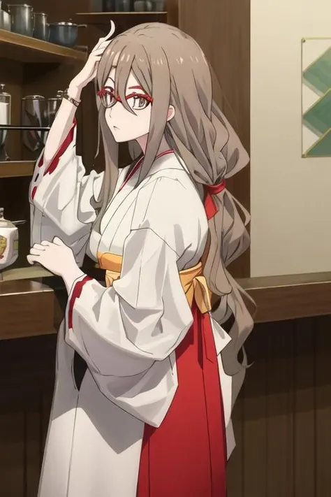 best quality, masterpiece, highres, solo, {white kimono:1.35}, {red hakama:1.35}, {wide sleeves:1.20}, {rina_shioi_mahoushoujosite:1.15}, pink_hair, glasses, pink_eyes, long_hair, scrunchie, hair_ornament, twintails, hair_scrunchie