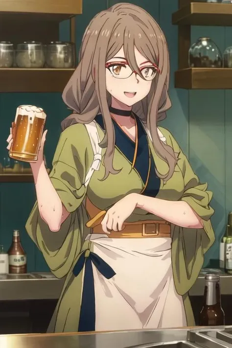 best quality, masterpiece, highres, solo, {nakahara_mizuki_lycorisrecoil:1.15}, brown_hair, long_hair, glasses, red-framed_eyewear, hair_between_eyes, brown_eyes, semi-rimless_eyewear, 1girl, blush, closed_eyes, open_mouth, smile, beer_can, shirt, sweat