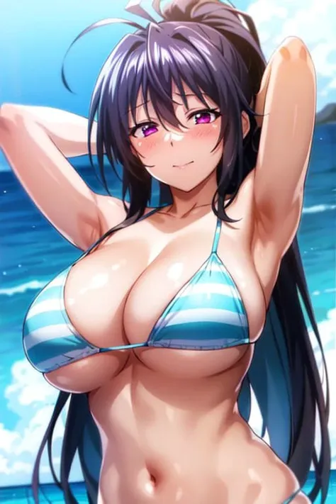 masterpiece, best quality, 1girl, looking at viewer, cute, bikini, (seascape), large breasts, pink eyes, <lora:Akeno:0.8>, himejima akeno,  black hair, long hair,  beautiful detailed eyes, beautiful detailed glow, lots of glow, arms behind head, embarrassed, (upper body:1.4)