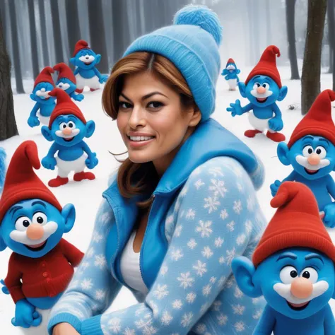eva_mendes, <lora:EvaMendesXL:1>,wearing ((knitted sweater, winter jacket)), forest, winter, snow, snowing, smiling, sitting in a mushroom village, surrounded by smurfs, hundreds of smurfs, smurfs on head, smurfs on shoulder