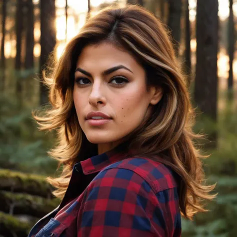 eva_mendes, <lora:EvaMendesXL:1>, wearing checkered red and black lumberjack shirt and blue jeans, multicolored hair, looking at the viewer, outdoor, forest, daylight, golden hour, lumberjack, ((perfect eyes, detailed eyes,realistic eyes)), ((sharp face, detailed face, realistic face, naturtal skin, realistic skin, detailed skin, pores))