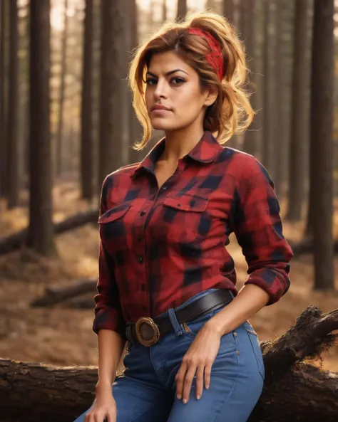eva_mendes, <lora:EvaMendesXL:1>, wearing checkered red and black lumberjack shirt and blue jeans, multicolored hair, looking at the viewer, outdoor, forest, daylight, golden hour, lumberjack