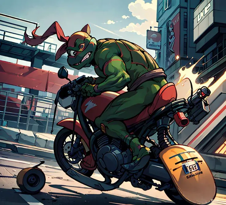 masterpiece,best quality,dramatic shot depth of field,panavision look,film anamorphic look,movie still,HD,photography,the composition is balanced,TMNT running on the street and catching the robber,(michelangelo chasing the robber using skateboard:1.1),(raphael is driving motorcycle:1.1),Chase,<lora:TMNTSaturdayMorningAdventures:1>,