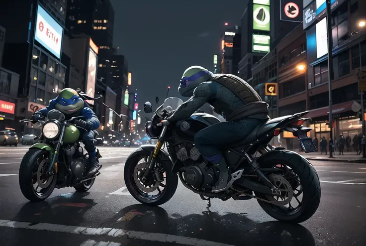 masterpiece,best quality,dramatic shot depth of field,panavision look,film anamorphic look,movie still,HD,photography,1robber,1TMNT,<lora:TMNTSaturdayMorningAdventures:1>,this photo is a story of TMNT chasing the robber in new york city,the robber driving a motorcycle fast,TMNT behind the robber,RAW photo,city lights at night,