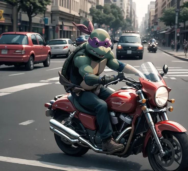 masterpiece,best quality,dramatic shot depth of field,panavision look,film anamorphic look, still,HD,photography,TMNT,raphael riding a red motorcycle running one sides of the street and chasing the robber's motorcycle,The robber ran ahead of raphael on a motorcycle,raphael followed closely,<lora:TMNTSaturdayMorningAdventures:1>,