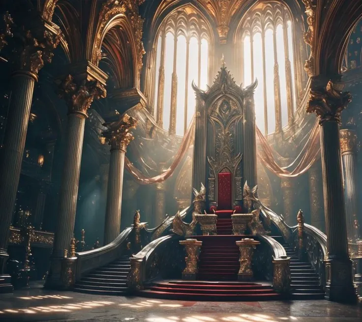 (masterpiece:1.2), (best quality,:1.2), 8k, HDR, ultra detailed, ((photorealistic)), professional light, cinematic lighting, fashion photography, ambient lighting, atmospheric effects, <lora:detail_slider_v4:2>, a large and long hall, godrays through windows, at the far end there are stairs leading up to a high and elaborate throne, throneroom, <lora:ThroneRoom-10:1>, epiCPhoto