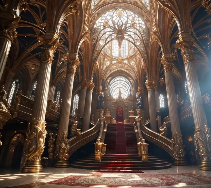 (masterpiece:1.2), (best quality,:1.2), 8k, HDR, ultra detailed, ((photorealistic)), professional light, cinematic lighting, fashion photography, ambient lighting, atmospheric effects, <lora:detail_slider_v4:2>, a large and long hall, godrays through windows, at the far end there are stairs leading up to a high and elaborate throne, candeliers, carpets, throneroom, <lora:ThroneRoom-10:1>, epiCPhoto