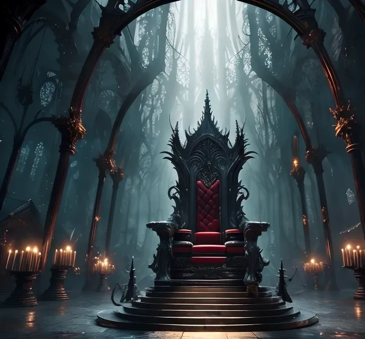 (masterpiece:1.2), (best quality,:1.2), 8k, HDR, ultra detailed, ((photorealistic)), professional light, cinematic lighting, fashion photography, ambient lighting, atmospheric effects, <lora:detail_slider_v4:2>, a long and sinister gothic hall with an elaborate throne in the middle on a dais, firelight, throneroom, (DarkFantasy:0.4), Style-SwampMagic, style-sylvamagic, <lora:ThroneRoom-10:1>, epiCPhoto