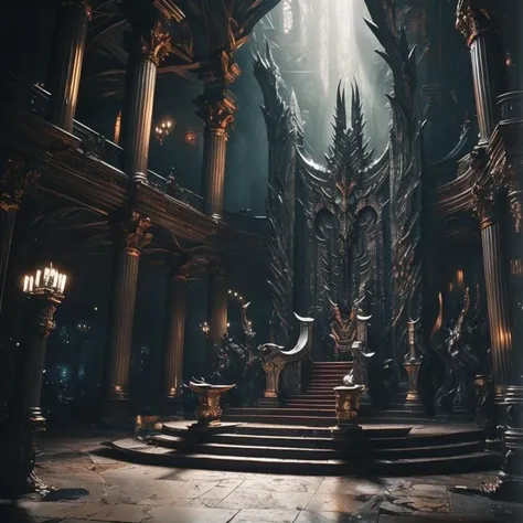 (masterpiece:1.2), (best quality,:1.2), 8k, HDR, ultra detailed, ((photorealistic)), professional light, cinematic lighting, fashion photography, ambient lighting, atmospheric effects, <lora:detail_slider_v4:1>, a large and long hall, dark and sinister, at the far end there are stairs leading up to an evil and elaborate throne, throneroom, <lora:ThroneRoom-10:1>, epiCPhoto