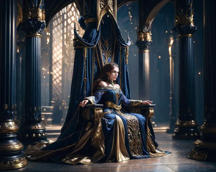realistic analog photo, award winning photo,
1girl posing on a throne,  commanding attitude, imposing regal attitude, hands clasped in lap, 
 <lora:ThroneRoom:0.8> throneroom,  a pair of thrones, gloomy palace, misty air, lit candelabras, ambient light,  
BREAK 
Claudia, feminine woman, 24 yearsold, 
fit body, toned body, lithe body, supple body, 
pert d cups,
sunburnt skin, tanlines, birthmarks,
shoulderlength auburn wavey hair, 
oblong face, fine features, arched eyebrows
heterochromia, round eyes, 
fleshy upturned nose,
 thin lips, upturned lips
BREAK
  <lora:FantasyRobes:0.5> fanro, robe,  midnight blue, gold trim,  belt, jewelry, makeup, pearl head chain,,
RAW, highres, 8k, uhd, High Dynamic Range, tonemapping, crisp details,