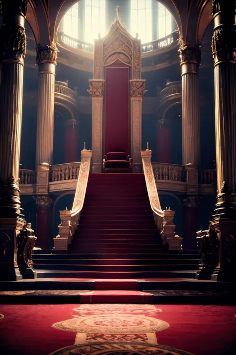RAW photo of a floor, red, room, stage, staircase, throne, throneroom, with<lora:ThroneRoom:1>