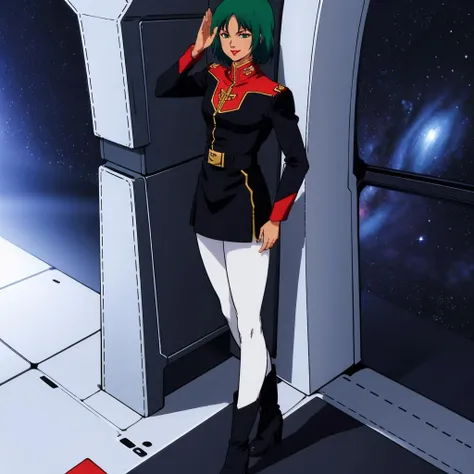 masterpiece,high quality,solo,
<lora:mouarpharaoh004:0.7>,
mouarpharaoh,1woman,
short hair,green hair,green eyes,lipstick,
jacket,military uniform,long sleeves,
belt,black skirt,
white pantyhose,
black footwear,high heel boots,
inside the space battleship,
looking at viewer,smile,salute,