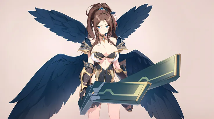 1girl, solo, wings, breasts, brown hair, blue eyes, armor, weapon, large breasts, cleavage, navel, looking at viewer, shoulder armor, smile, long hair, gauntlets, ponytail, feathered wings,
<lora:punopupupu_Style-KK77-V1:0.7>,
<lora:more_details:0.1>,
1 girl, 20yo,Young female,Beautiful long legs,Beautiful body,
Beautiful Nose,Beautiful character design, perfect eyes, perfect face,expressive eyes,perfect balance,
looking at viewer,(Focus on her face),closed mouth, (innocent_big_eyes:1.0),(Light_Smile:0.3),
official art,extremely detailed CG unity 8k wallpaper, perfect lighting,Colorful, Bright_Front_face_Lighting,White skin,
(masterpiece:1.0),(best_quality:1.0), ultra high res,4K,ultra-detailed,
photography, 8K, HDR, highres, absurdres:1.2, Kodak portra 400, film grain, blurry background, bokeh:1.2, lens flare, (vibrant_color:1.2),professional photograph,
(Beautiful,large_Breasts:1.4), (beautiful_face:1.5),(narrow_waist),