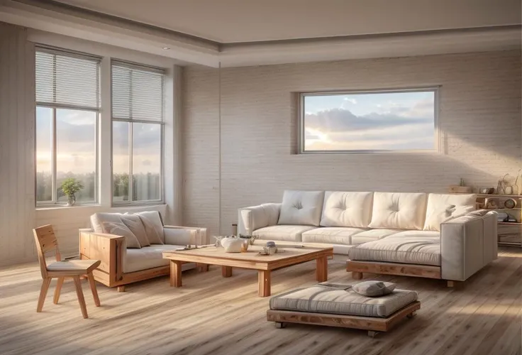 (ultra realistic), masterpiece, best quality, super detailed, ultra high res, raw photo, 8k,
living room lukhshad aj in the apartment, in the style of modern, monochromatic serenity, super detailed, concrete, white, wooden table, (light gray modern fabric sofa), fabric pilows, wooden flooring, wooden modular cabinet, backlight, white wall, (white ceiling), soft sunlight, window,
<lora:Modern wooden living room - PHK:0.5>