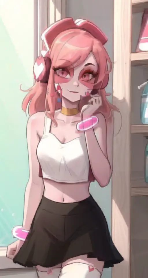 masterpiece, best quality, 1girl, ((Miss Heed)), red mask, pink headphones, white thighhighs, pinkskirt, medium breast, looking to viewer, pink, indoors, same eyes, croptop, heart, intrincate, contest winner, detailed face, eyelashes, upper body, centred