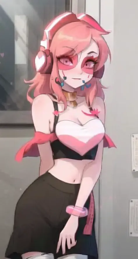 masterpiece, best quality, 1girl, ((Miss Heed)), red mask, pink headphones, white thighhighs, pinkskirt, medium breast, looking to viewer, pink, indoors, same eyes, croptop, heart, intrincate, contest winner, detailed face, eyelashes, upper body, centred