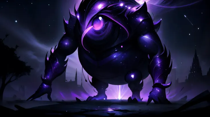 (masterpiece, best quality, fullscreen), [(full body:1.0)::0.1] portrait (photo of a whole magnificent fat [magical being:creature:0.2] with a single giant empty eye:1.5), <lora:EYES shirome:0.5> shirome, (Sparkling purple night sky Skin texture:1.3),(no mouth:1), (four feets:1.2) and (two hands:1), short legs, (no Long Horns:0.1), organic feeling, (New Age Tendril-laden body with draconian head and with two Flippers:1.1), (Admiration posture:1.1), (<lora:EFFECT CelestialSkin2:0.2> celestialskin and DARK CELESTIALSKIN BODY and VOID COSMIC BODY and COLORED SKIN and FLAT COLOR and JET BLACK SKIN and SILHOUETTE), <lora:MONSTER kUglyCreaturesV2:0.3> U61yCre4ture, (background inside a dark rift with some visible night sky), <lora:EFFECT Gloomifier_V2_TheGlow:1>, , (look at the viewer:1), ,<lora:LIGHT neon ç»ªå¿-åªå½± curvy:0.4> curvy, silhouette, <lora:LIGHT nLoRA:0.4> dark theme, <lora:QUALITY Space - [Background] - Version 1:0.6>, <lora:QUALITY kkw-better-v1.0a:0.3>, <lora:QUALITY add_detail:0.1>, (Full body Shot, Shallow Focus Shot, Low Angle Shot:[1.2:0.5:0.1]), heavily detailed, magical, gloomy, , (sharp focus), , (no humans), tricate, elegant, highly detailed, magical aura, digital painting, artstation, concept art, matte, sharp focus, illustration, hearthstone, art by Artgerm and Greg Rutkowski and Alphonse Mucha