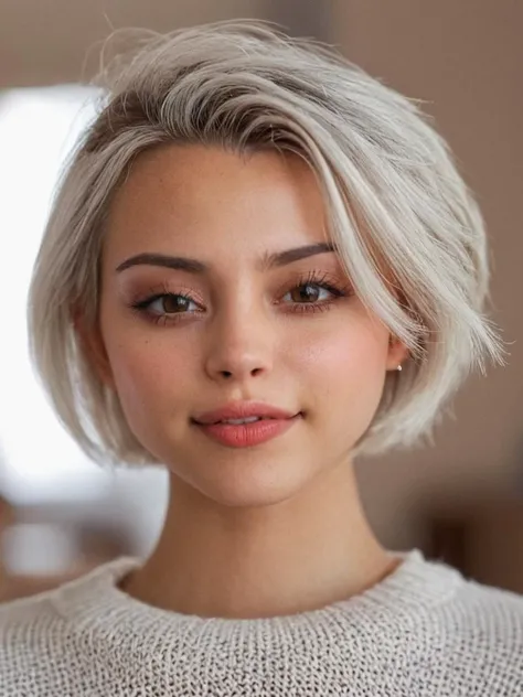 1girl, solo, looking at viewer, short hair, blonde hair, brown eyes, upper body, white hair, parted lips, teeth, blurry, sweater, lips, blurry background, realistic <lora:saigetoohey_xl:1>