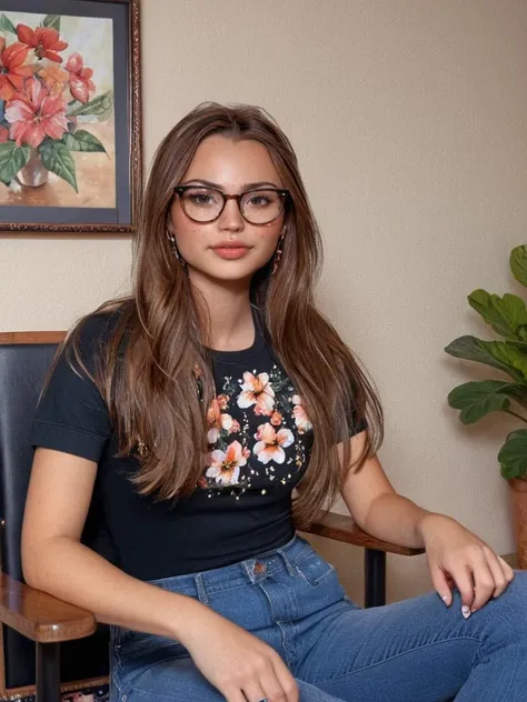1girl, solo, long hair, looking at viewer, brown hair, shirt, brown eyes, jewelry, sitting, upper body, short sleeves, earrings, parted lips, glasses, artist name, indoors, signature, lips, black shirt, chair, floral print, denim, freckles, black-framed eyewear, realistic, brown-framed eyewear <lora:saigetoohey_xl:1>