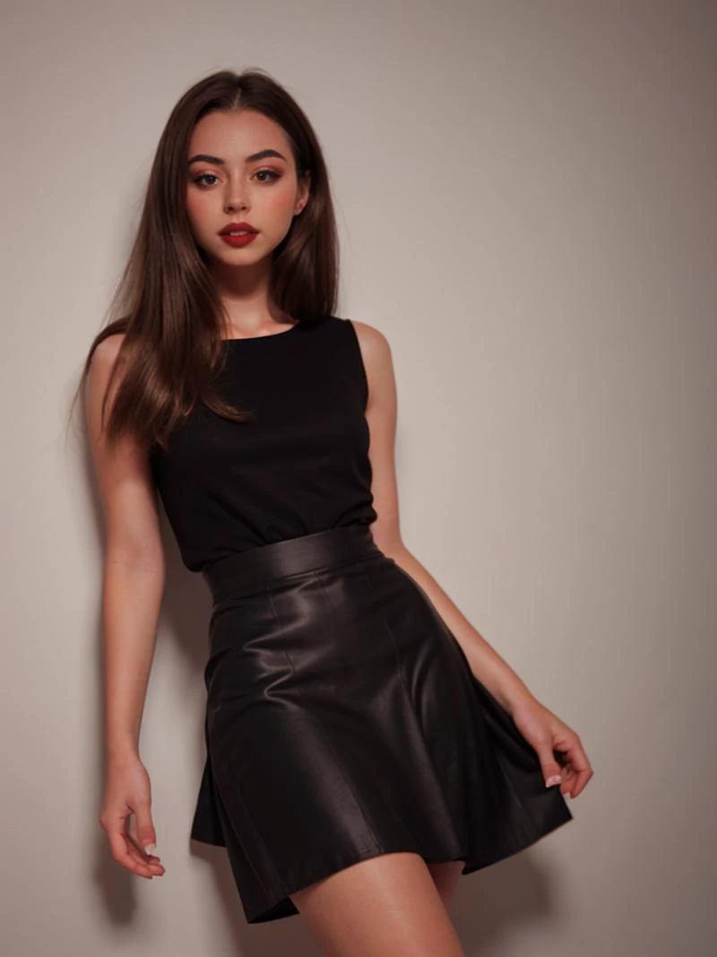 1girl, solo, long hair, looking at viewer, skirt, brown hair, dress, brown eyes, parted lips, artist name, black skirt, blurry, black dress, lips, long skirt, realistic <lora:saigetoohey_sd15:1>