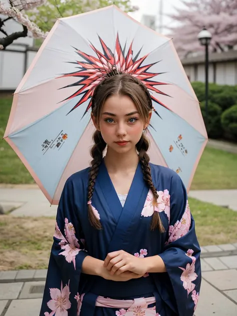 1girl, solo, looking at viewer, brown hair, holding, brown eyes, upper body, braid, japanese clothes, kimono, twin braids, umbrella, floral print, cherry blossoms, oil-paper umbrella <lora:saigetoohey_sd15:1>