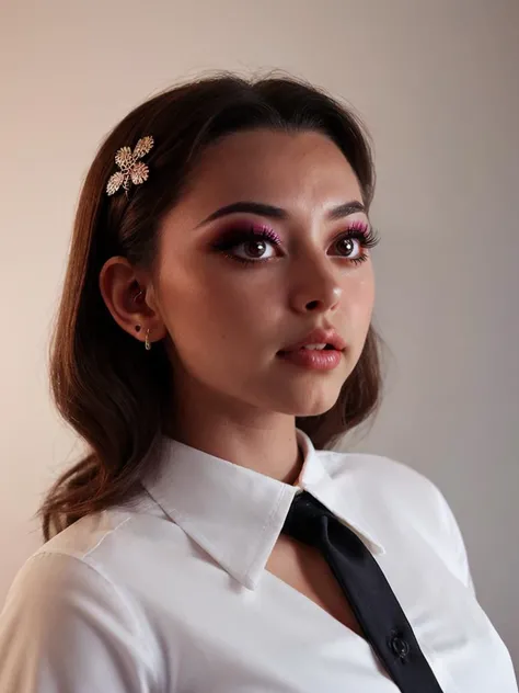 1girl, solo, long hair, looking at viewer, brown hair, shirt, black hair, hair ornament, closed mouth, white shirt, upper body, hairclip, collared shirt, dark skin, dark-skinned female, lips, eyelashes, makeup, eyeshadow, realistic, nose, unbuttoned <lora:saigetoohey_sd15:1>