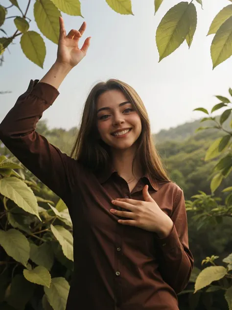 1girl, solo, long hair, looking at viewer, smile, brown hair, shirt, long sleeves, brown eyes, upper body, outdoors, hand up, blurry, leaf, watermark, nature, realistic <lora:saigetoohey_sd15:1>