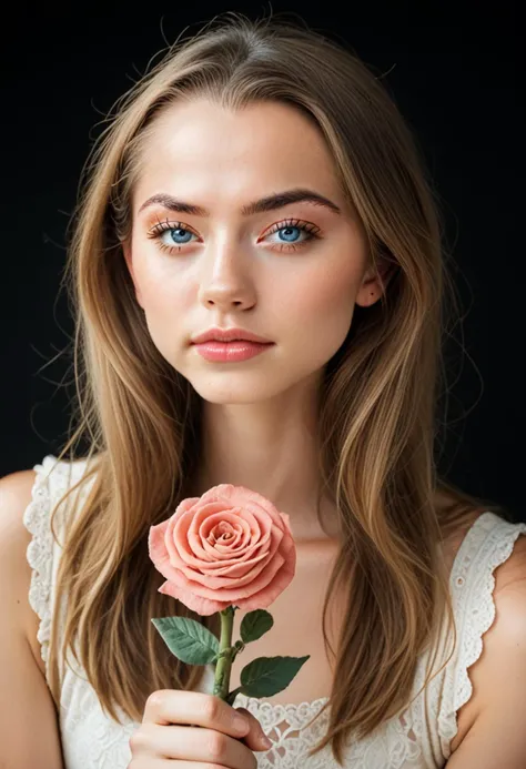 score_9, score_8_up, score_7_up, score_6_up, score_5_up, score_4_up, source_photo, source_real, 1girl, solo, long_hair, looking_at_viewer, brown_hair, blue_eyes, closed_mouth, lips, eyelashes, traditional_media, portrait, realistic,holding a rose, holding_out, background space <lora:saigetoohey_pxl:1> <lora:mergx2dallemid:1>