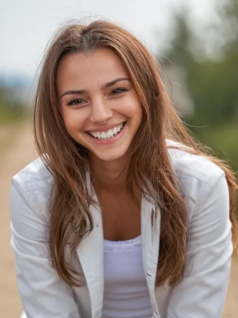 1girl, solo, long hair, looking at viewer, smile, brown hair, shirt, brown eyes, jacket, white shirt, outdoors, open clothes, teeth, day, grin, blurry, blurry background, realistic <lora:saigetoohey_xl:1>