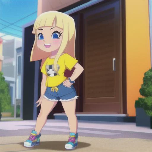 cartoon blonde girl in yellow tshirt and denim shorts in the style of gtechstyle