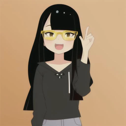 1girl, bangs, black_hair, flat_color, glasses, looking_at_viewer, open_mouth, solo, yellow_theme
