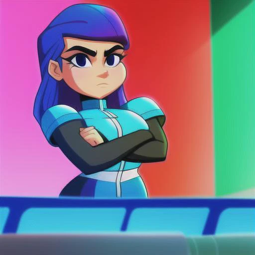 cartoon first picture of a woman with his arms crossed and looking at the camera art by gtechstyle