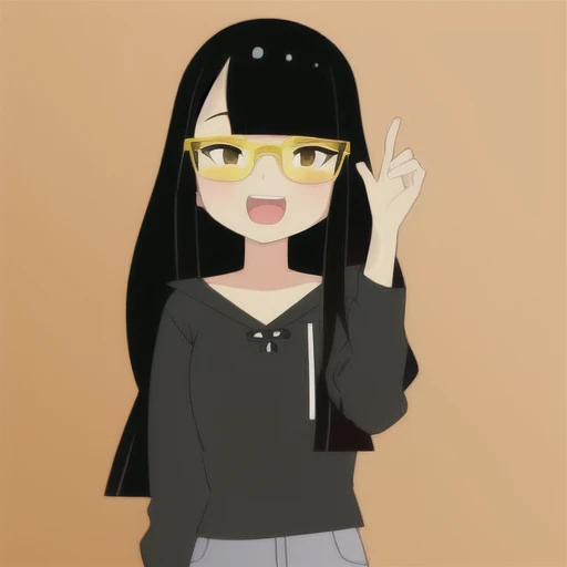 1girl, bangs, black_hair, flat_color, glasses, looking_at_viewer, open_mouth, solo, yellow_theme