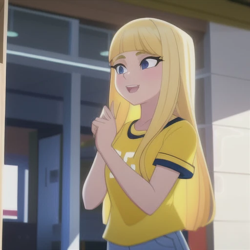 blonde girl in yellow tshirt in the style of gtechstyle