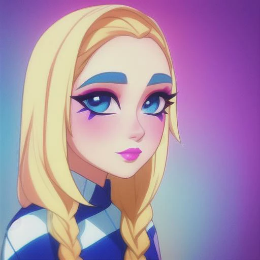 1girl, blonde_hair, blue_background, braid, facepaint, lipstick, long_hair, makeup, painting_\(medium\), shirt, solo, striped, upper_body, in the style of gtechstyle