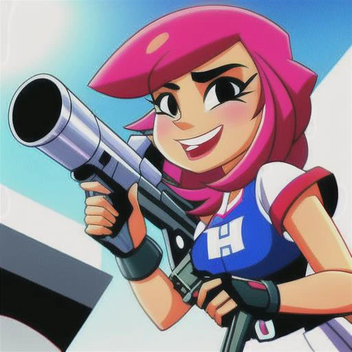 cartoon closeup picture of a woman with a machinegun by gtechstyle