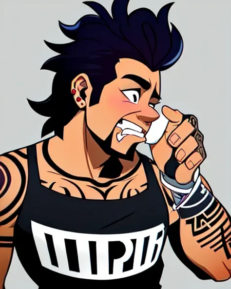 half body portrait a drunken male rockstar crying loud and hungry , perfect hand, piercing, tattoo, art by gtechstyle, looking at camera, thick tapered outline ,hands (die-cut sticker :1.3) (on simple color background:1.2)