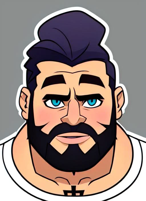 half body portrait of a Cool rockstar male, manly face, angular shape, (chiseled jaw:1.3), face like brad pitt, , perfect beard, detailed eyes, piercing, tattoo, wearing jacket and tshirt, , smiling art by gtechstyle, looking at viewer, (thick tapered outline:1.4) ,hands (die-cut sticker :1.3) (on simple color background:1.2) NaturalHand2-3500