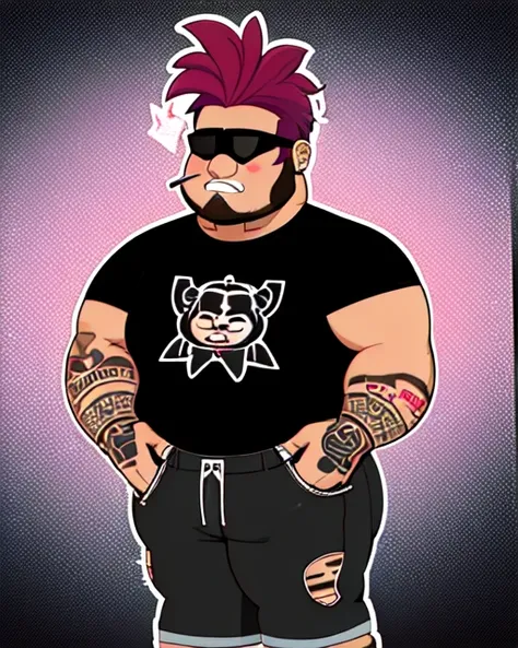Medium shot of a drunken male rockstar hungry , perfect hand, piercing, tattoo, art by gtechstyle, looking at camera, (thick tapered outline:1.4) ,hands (die-cut sticker :1.3) (on simple color background:1.2)